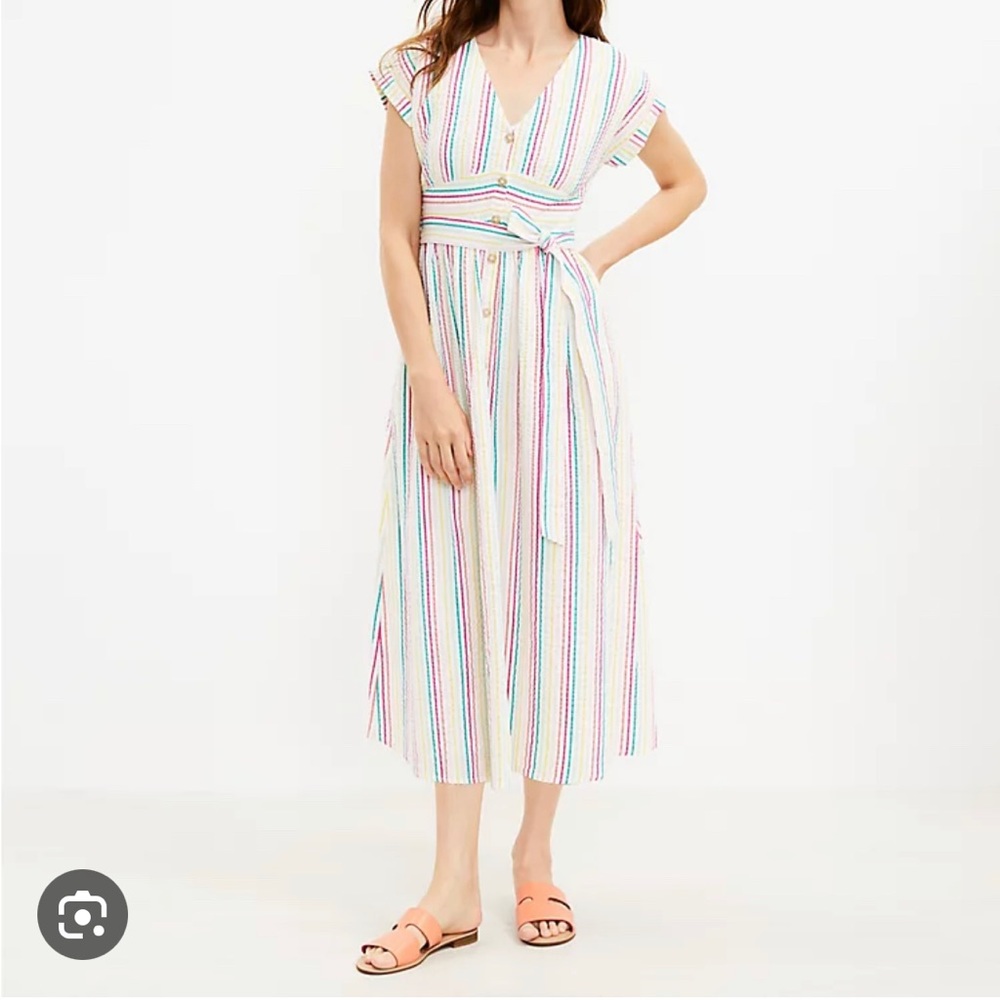 Loft striped buttons ties waist midi dress, White and rainbow stripes